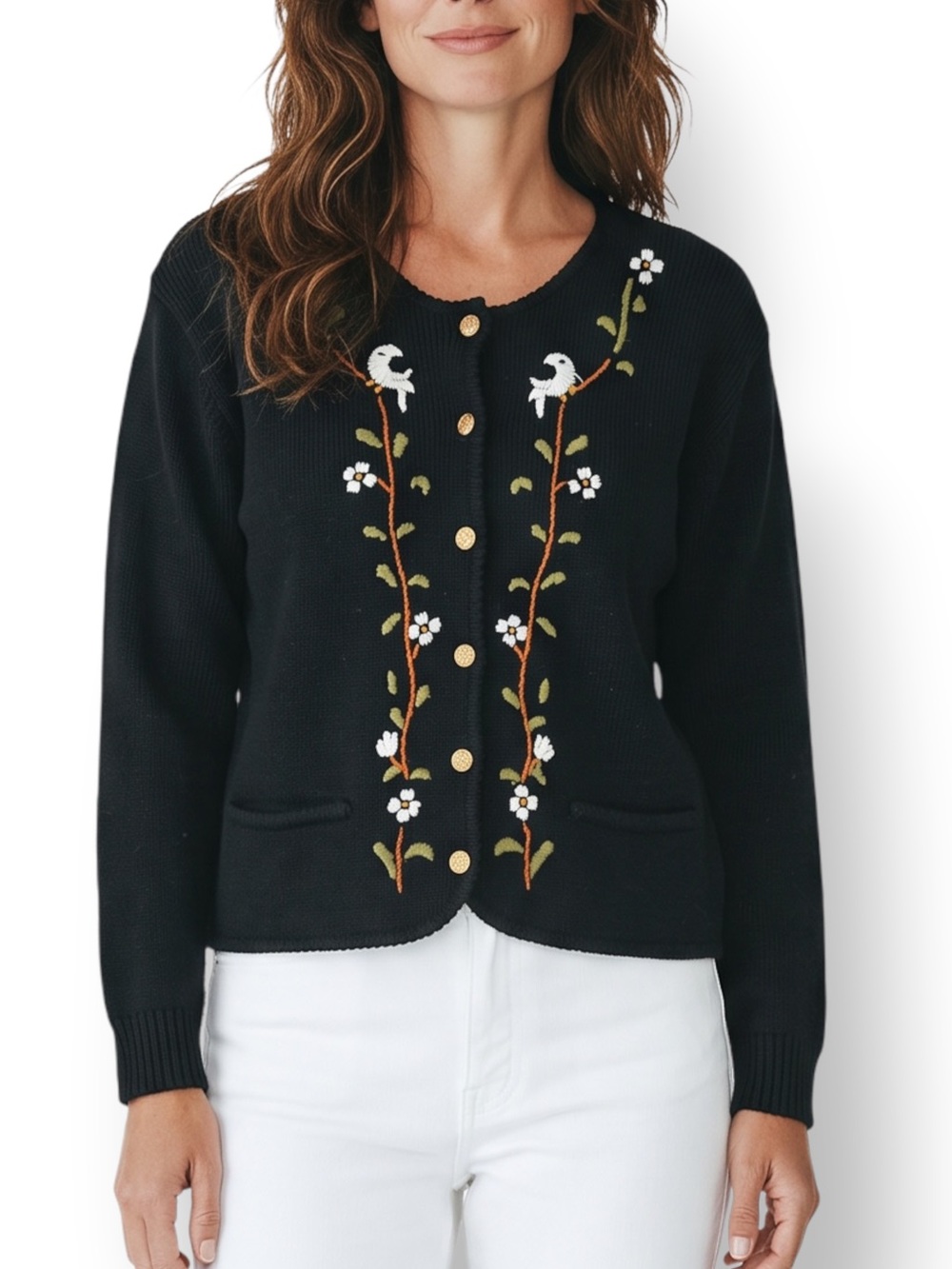 Vintage Tally-Ho Black Embroidered Bird Floral Cardigan Large